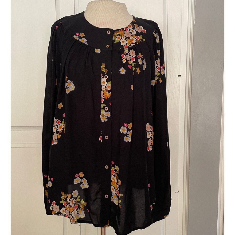 Maeve Anthropologie Black Floral Button Front Long Sleeve Blouse Size Large